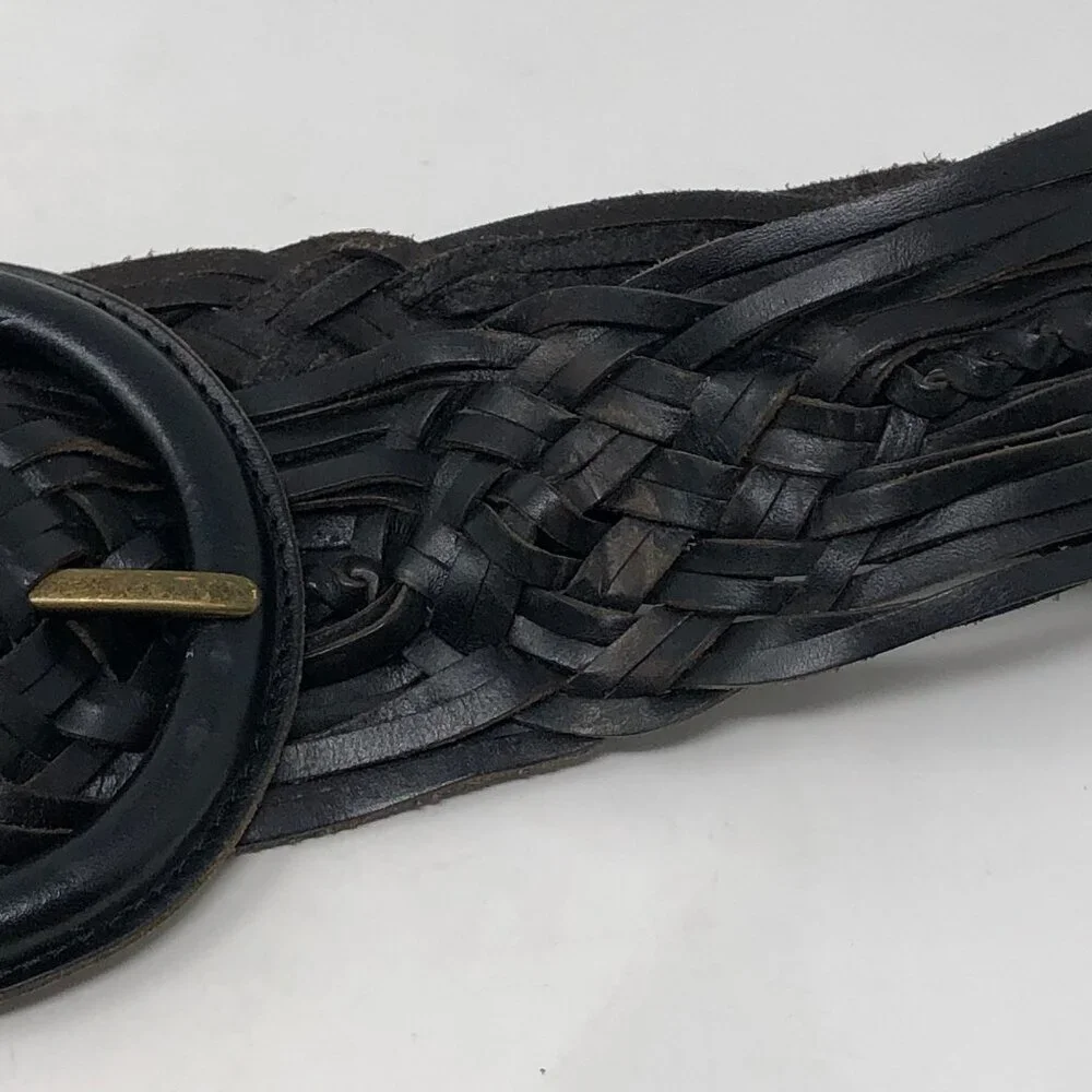 Hobo International Black Woven Leather Belt Brass Buckle Size Small Statement